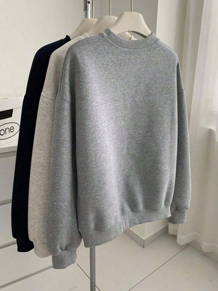 HoodieWomen Gray Rib-Knit Pullover Sweatshirt With Long Sleeve Round Neck And Paris Embroidery Casual Fits, Featuring A Comfortable Round Neck And Long Sleeves With Rib-Knit Details For Everyday WearLoose And Comfortablewinter Clothes For Women