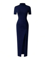 EARO Women's Long Slit Bodycon Dress, High-End Elegant Fashion Casual Versatile Layering Dress, TighRucheded Long Sleeve High Neck Knit Stretchy Mini Dress