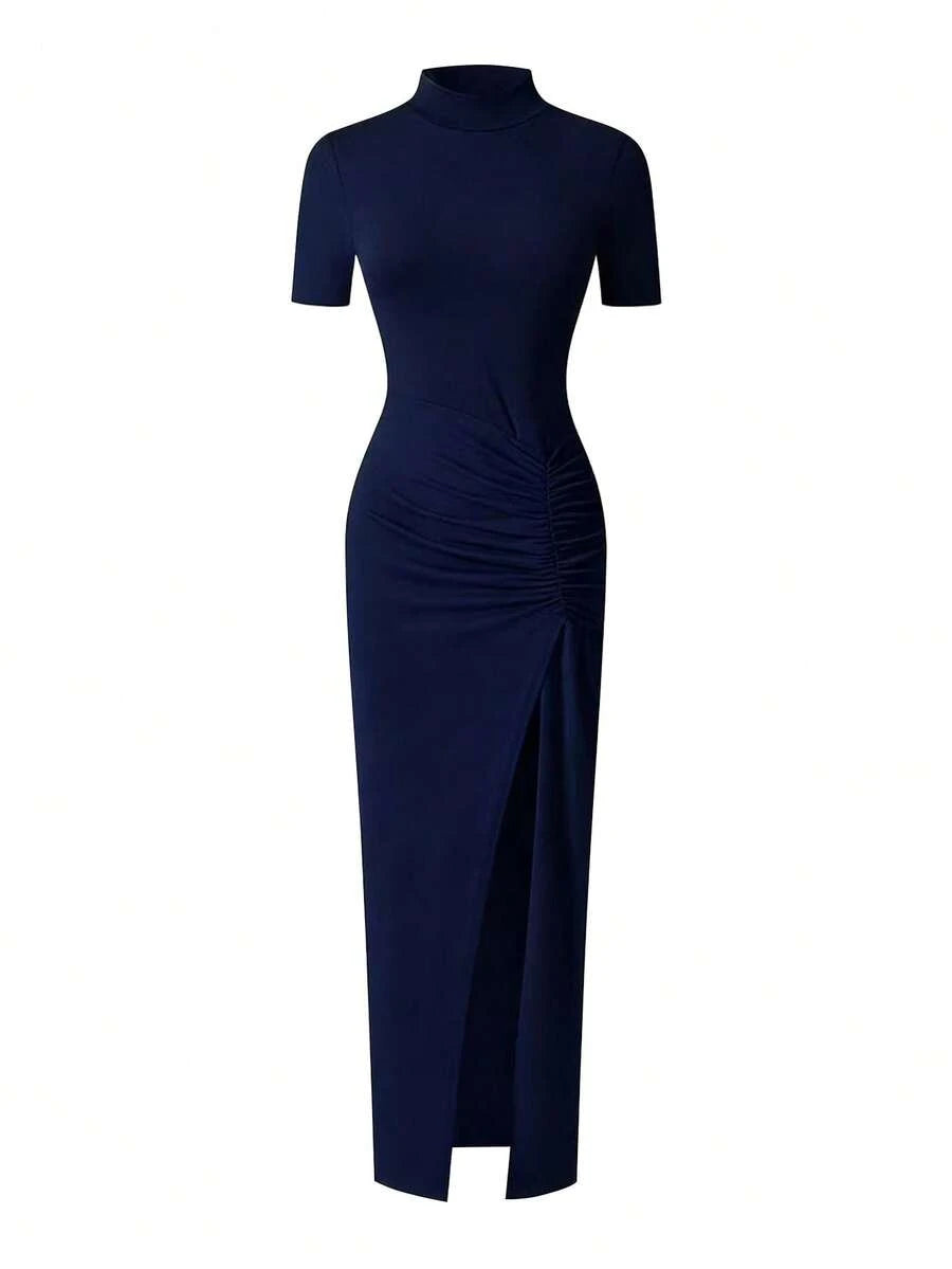 EARO Women's Long Slit Bodycon Dress, High-End Elegant Fashion Casual Versatile Layering Dress, TighRucheded Long Sleeve High Neck Knit Stretchy Mini Dress