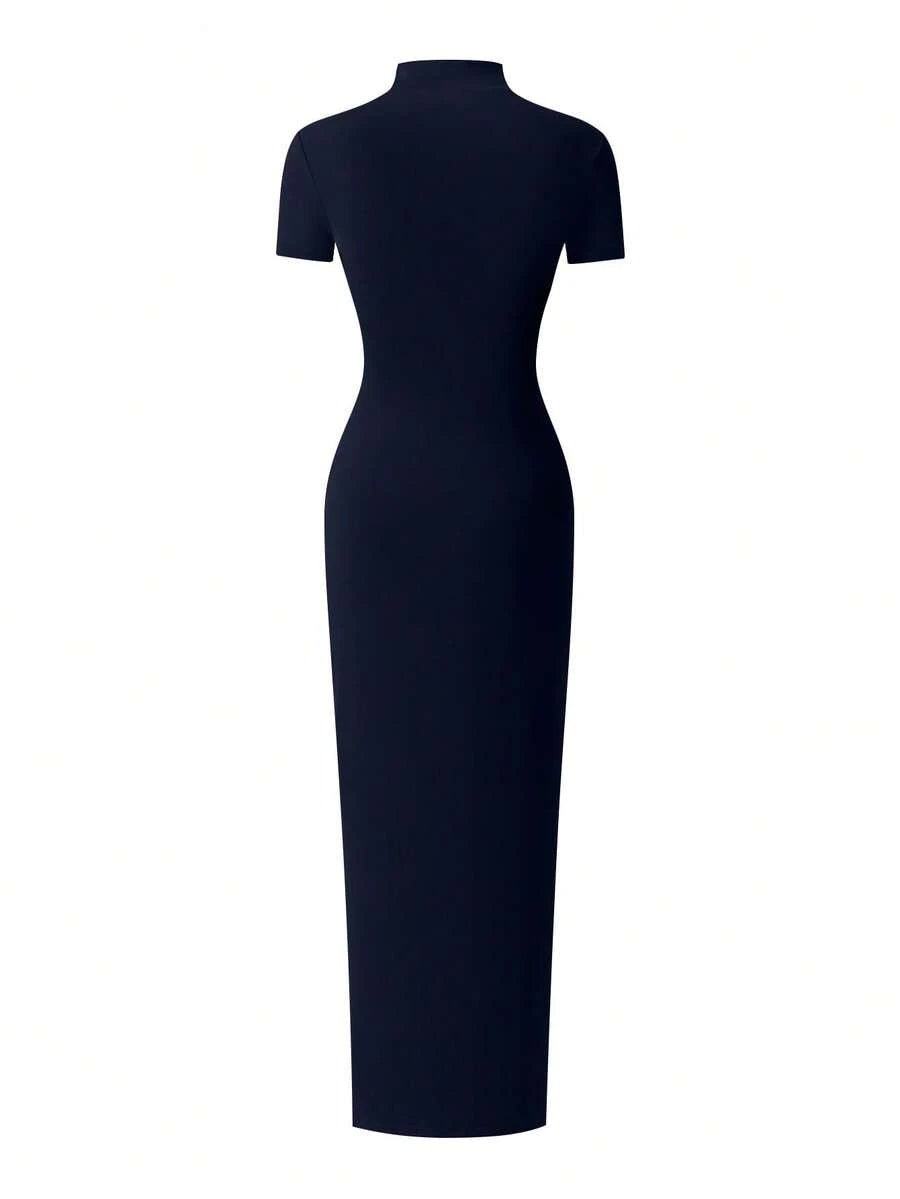 EARO Women's Long Slit Bodycon Dress, High-End Elegant Fashion Casual Versatile Layering Dress, TighRucheded Long Sleeve High Neck Knit Stretchy Mini Dress