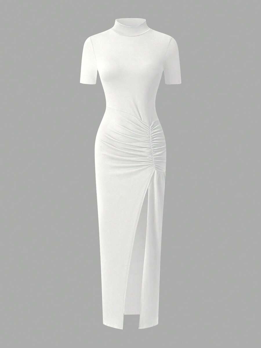 EARO Women's Long Slit Bodycon Dress, High-End Elegant Fashion Casual Versatile Layering Dress, TighRucheded Long Sleeve High Neck Knit Stretchy Mini Dress