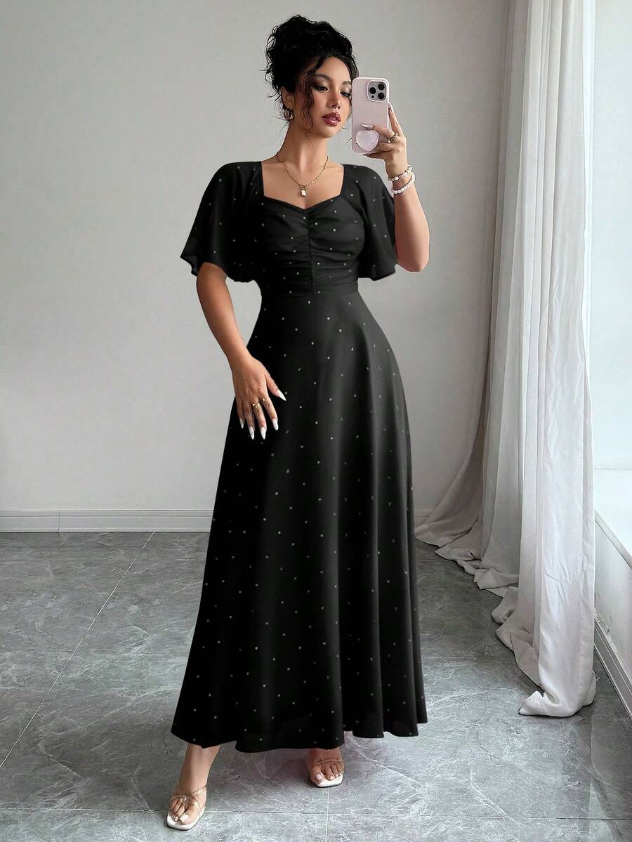 Modelyn Women Chiffon Butterfly Print Batwing Sleeve Drawstring Sweet French Style Mini Dress, Summer
