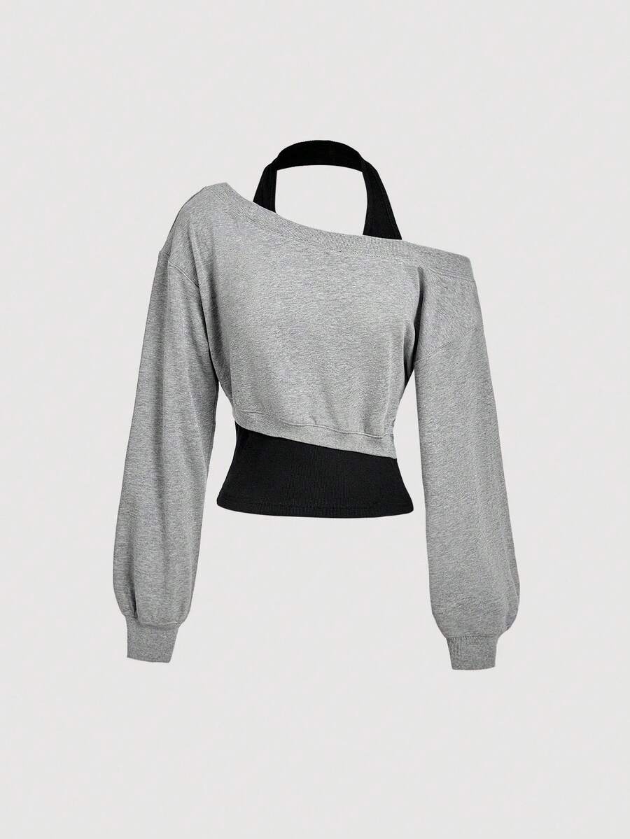 SHEIN MOD Women Asymmetrical Neck Grey 2 In 1 Sweatshirt In Fall/Winter