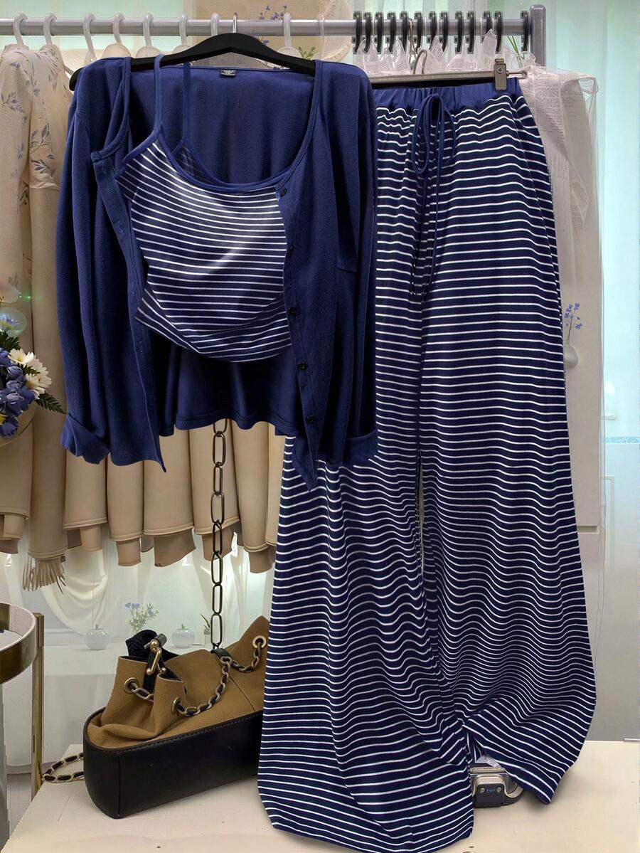 GlowEve CURVE Plus Size Solid Color Knit Cardigan, Front Button Closure, Striped Fitted Drawstring Decor, Elegant Casual Commute Outerwear