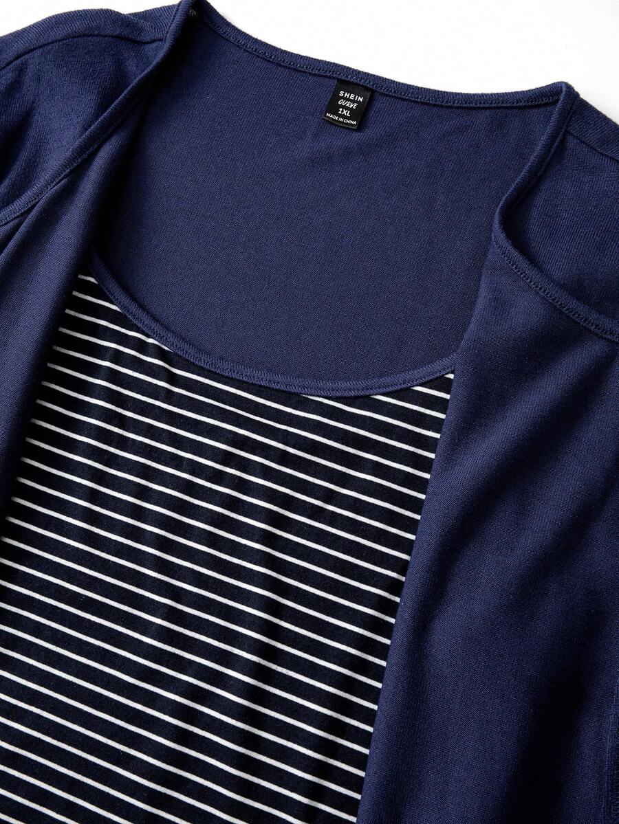 GlowEve CURVE Plus Size Solid Color Knit Cardigan, Front Button Closure, Striped Fitted Drawstring Decor, Elegant Casual Commute Outerwear