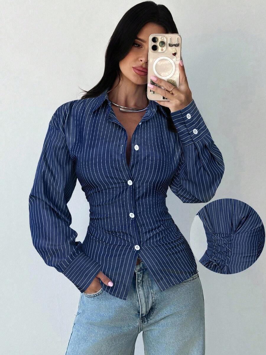 Firerie Women's Blue And White Striped Long Sleeve Shirt, Tie-Waist Shirt, Casual Commuter Shirt, Vacation Shirt, Cinched Waist Striped Shirt, Suitable For Spring, Summer, Autumn And Winter, Elegant, Vacation, Bohemian, Work Attire