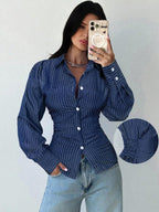 Firerie Women's Blue And White Striped Long Sleeve Shirt, Tie-Waist Shirt, Casual Commuter Shirt, Vacation Shirt, Cinched Waist Striped Shirt, Suitable For Spring, Summer, Autumn And Winter, Elegant, Vacation, Bohemian, Work Attire