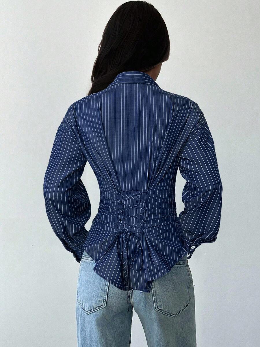 Firerie Women's Blue And White Striped Long Sleeve Shirt, Tie-Waist Shirt, Casual Commuter Shirt, Vacation Shirt, Cinched Waist Striped Shirt, Suitable For Spring, Summer, Autumn And Winter, Elegant, Vacation, Bohemian, Work Attire