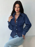 Firerie Women's Blue And White Striped Long Sleeve Shirt, Tie-Waist Shirt, Casual Commuter Shirt, Vacation Shirt, Cinched Waist Striped Shirt, Suitable For Spring, Summer, Autumn And Winter, Elegant, Vacation, Bohemian, Work Attire