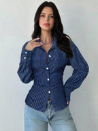Firerie Women's Blue And White Striped Long Sleeve Shirt, Tie-Waist Shirt, Casual Commuter Shirt, Vacation Shirt, Cinched Waist Striped Shirt, Suitable For Spring, Summer, Autumn And Winter, Elegant, Vacation, Bohemian, Work Attire