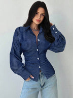 Firerie Women's Blue And White Striped Long Sleeve Shirt, Tie-Waist Shirt, Casual Commuter Shirt, Vacation Shirt, Cinched Waist Striped Shirt, Suitable For Spring, Summer, Autumn And Winter, Elegant, Vacation, Bohemian, Work Attire