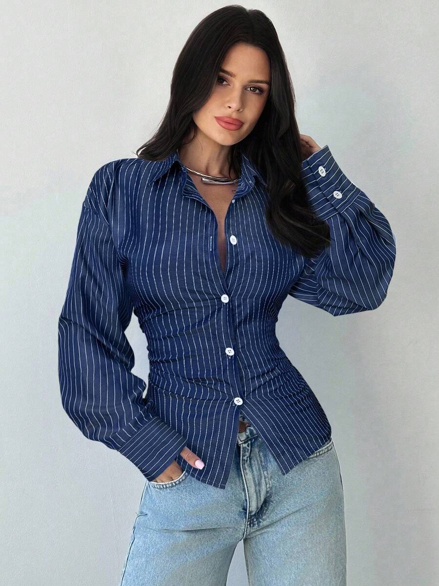 Firerie Women's Blue And White Striped Long Sleeve Shirt, Tie-Waist Shirt, Casual Commuter Shirt, Vacation Shirt, Cinched Waist Striped Shirt, Suitable For Spring, Summer, Autumn And Winter, Elegant, Vacation, Bohemian, Work Attire