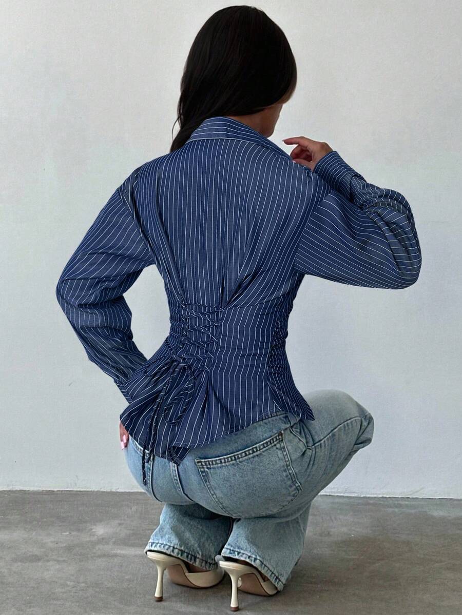 Firerie Women's Blue And White Striped Long Sleeve Shirt, Tie-Waist Shirt, Casual Commuter Shirt, Vacation Shirt, Cinched Waist Striped Shirt, Suitable For Spring, Summer, Autumn And Winter, Elegant, Vacation, Bohemian, Work Attire