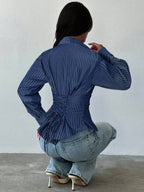 Firerie Women's Blue And White Striped Long Sleeve Shirt, Tie-Waist Shirt, Casual Commuter Shirt, Vacation Shirt, Cinched Waist Striped Shirt, Suitable For Spring, Summer, Autumn And Winter, Elegant, Vacation, Bohemian, Work Attire