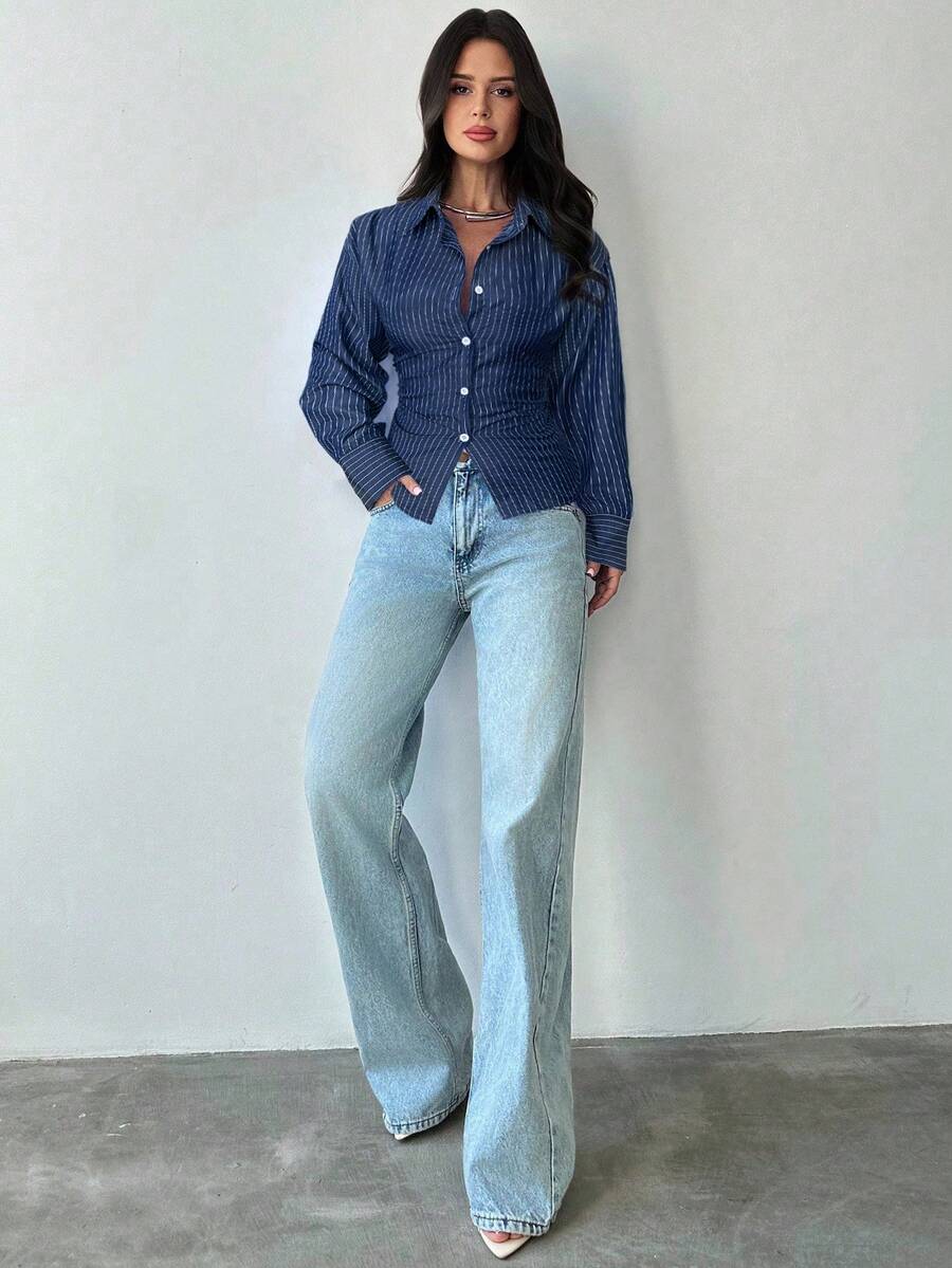 Firerie Women's Blue And White Striped Long Sleeve Shirt, Tie-Waist Shirt, Casual Commuter Shirt, Vacation Shirt, Cinched Waist Striped Shirt, Suitable For Spring, Summer, Autumn And Winter, Elegant, Vacation, Bohemian, Work Attire