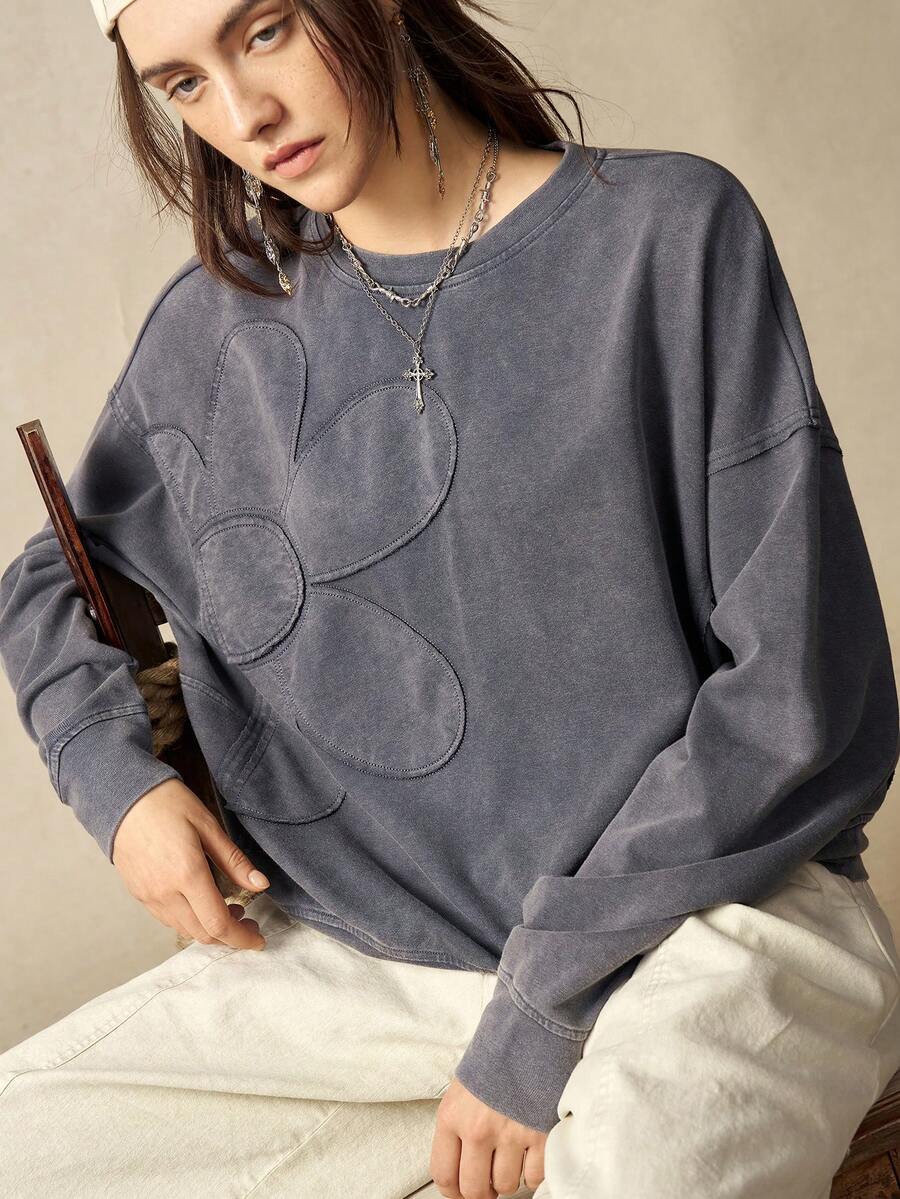 Bohemela Regular Women's Casual Solid Color Embroidery Design Crew Neck Loose Knit Sweatshirt, Long Sleeve In Fall/Winter
