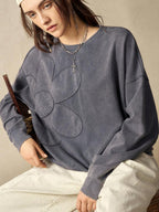 Bohemela Regular Women's Casual Solid Color Embroidery Design Crew Neck Loose Knit Sweatshirt, Long Sleeve In Fall/Winter