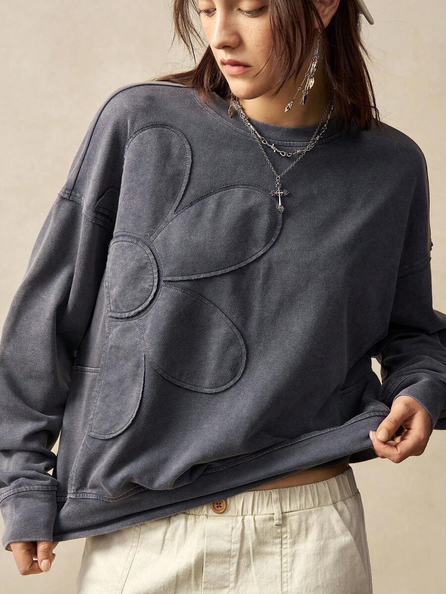 Bohemela Regular Women's Casual Solid Color Embroidery Design Crew Neck Loose Knit Sweatshirt, Long Sleeve In Fall/Winter
