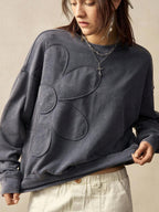 Bohemela Regular Women's Casual Solid Color Embroidery Design Crew Neck Loose Knit Sweatshirt, Long Sleeve In Fall/Winter
