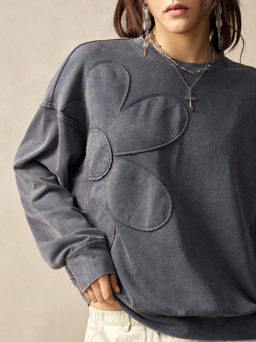 Bohemela Regular Women's Casual Solid Color Embroidery Design Crew Neck Loose Knit Sweatshirt, Long Sleeve In Fall/Winter