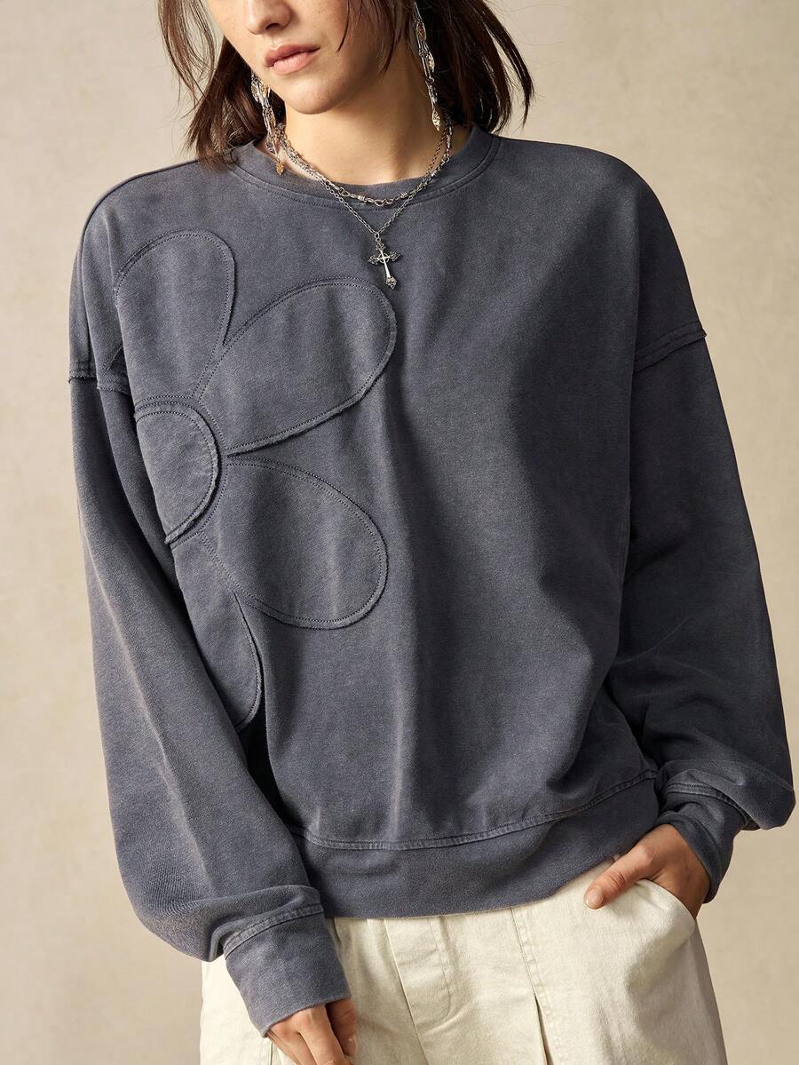 Bohemela Regular Women's Casual Solid Color Embroidery Design Crew Neck Loose Knit Sweatshirt, Long Sleeve In Fall/Winter