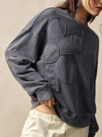 Bohemela Regular Women's Casual Solid Color Embroidery Design Crew Neck Loose Knit Sweatshirt, Long Sleeve In Fall/Winter