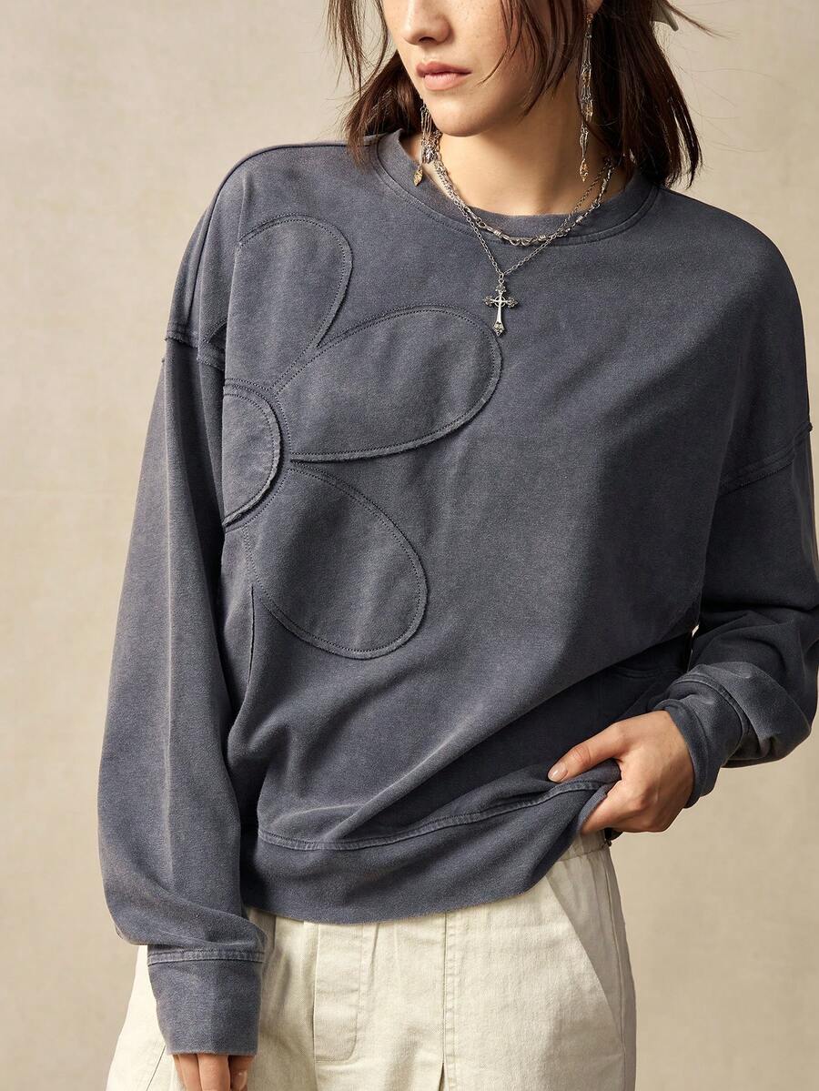 Bohemela Regular Women's Casual Solid Color Embroidery Design Crew Neck Loose Knit Sweatshirt, Long Sleeve In Fall/Winter