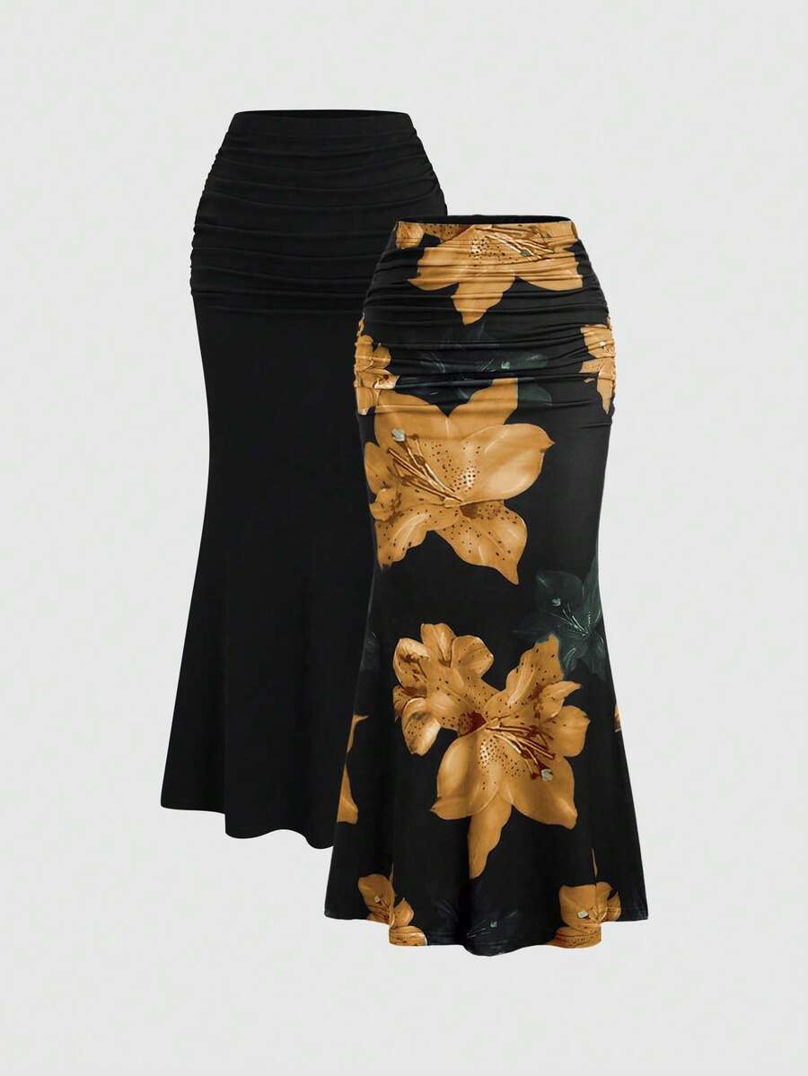 Sweetra 2pcs Women's Elegant Party Solid Color Mermaid Skirt And Floral Print Skirt Set Fall Cloth For Women