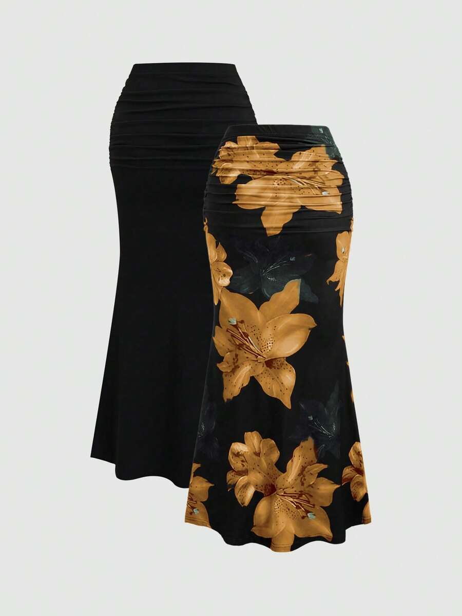 Sweetra 2pcs Women's Elegant Party Solid Color Mermaid Skirt And Floral Print Skirt Set Fall Cloth For Women