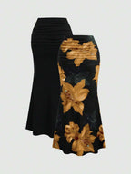 Sweetra 2pcs Women's Elegant Party Solid Color Mermaid Skirt And Floral Print Skirt Set Fall Cloth For Women