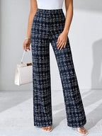 SHEIN Clasi Summer Elegant Women's Plaid Printed Elastic Knitted Pants, Suitable For Various Occasions, Suitable For Summer Vacation, Elegant Travel, And Daily Commuting Business Casual Woman