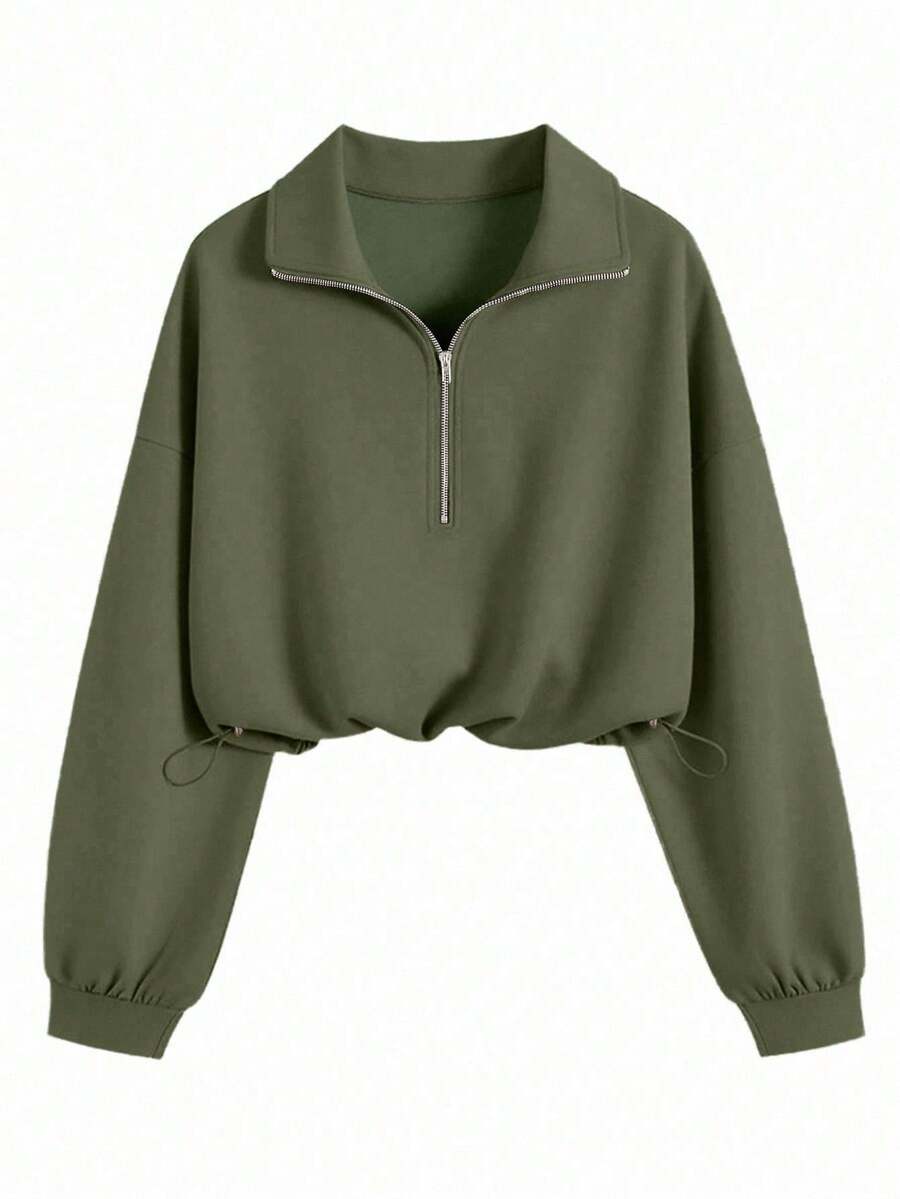 Airaco Women's Solid Color Drop Shoulder Long Sleeve Vintage American Style Half Zip Niche Sweatshirt Pullover Fall