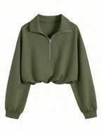 Airaco Women's Solid Color Drop Shoulder Long Sleeve Vintage American Style Half Zip Niche Sweatshirt Pullover Fall