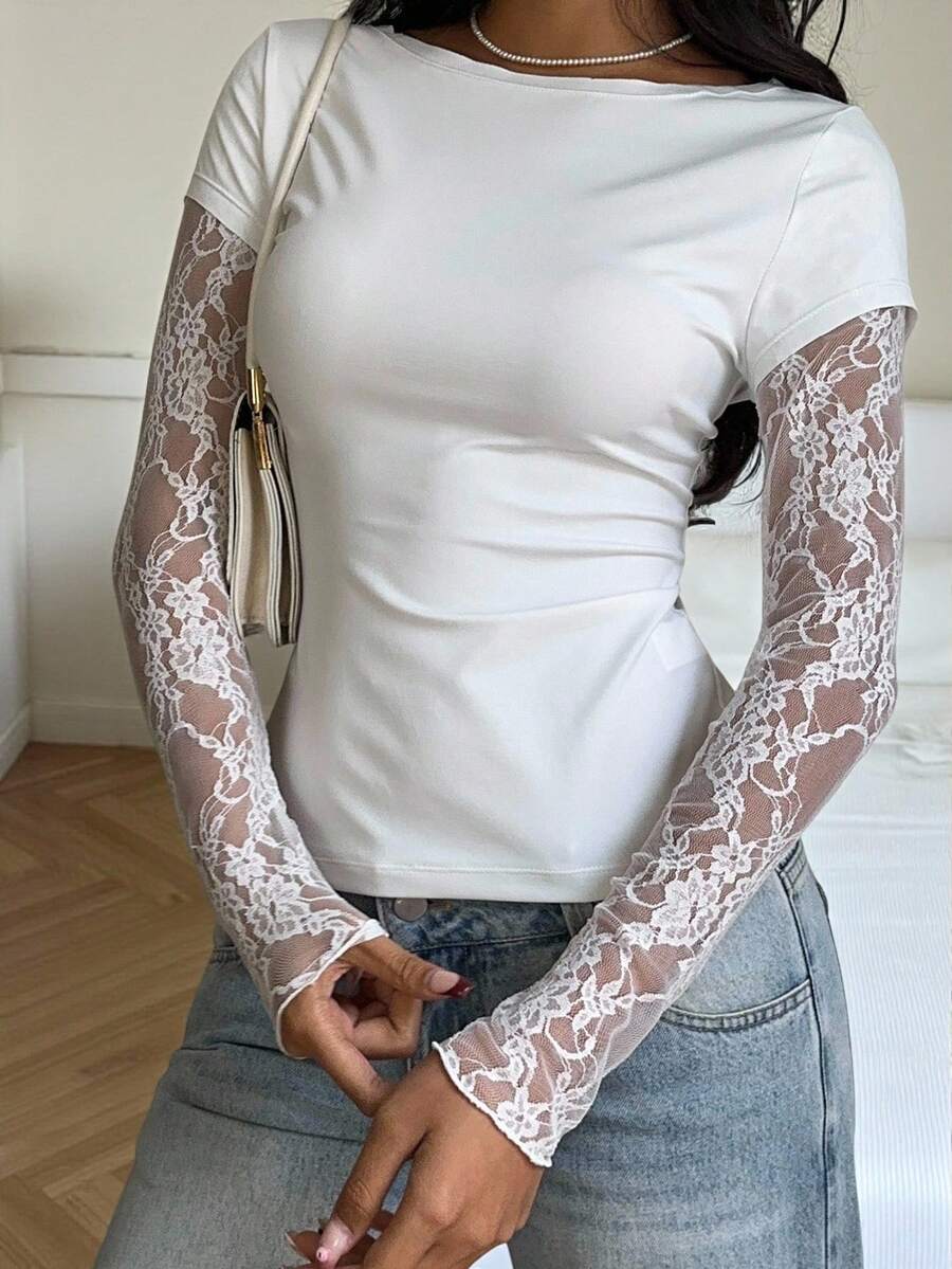 CovetEZ 95% Cotton Women's Black Lace Patchwork Long Sleeve Knitted Top – Bohemian Casual Summer Western Festival Island Girl Vintage Seaside Vacation Romantic Vacay Vibes Spring Break Cute Home Soft Girl Clean Girl Vacation Beach Cruise Boho Music Festival Concert Wedding Guest City Trip Holiday Wear Elegant Spring Summer