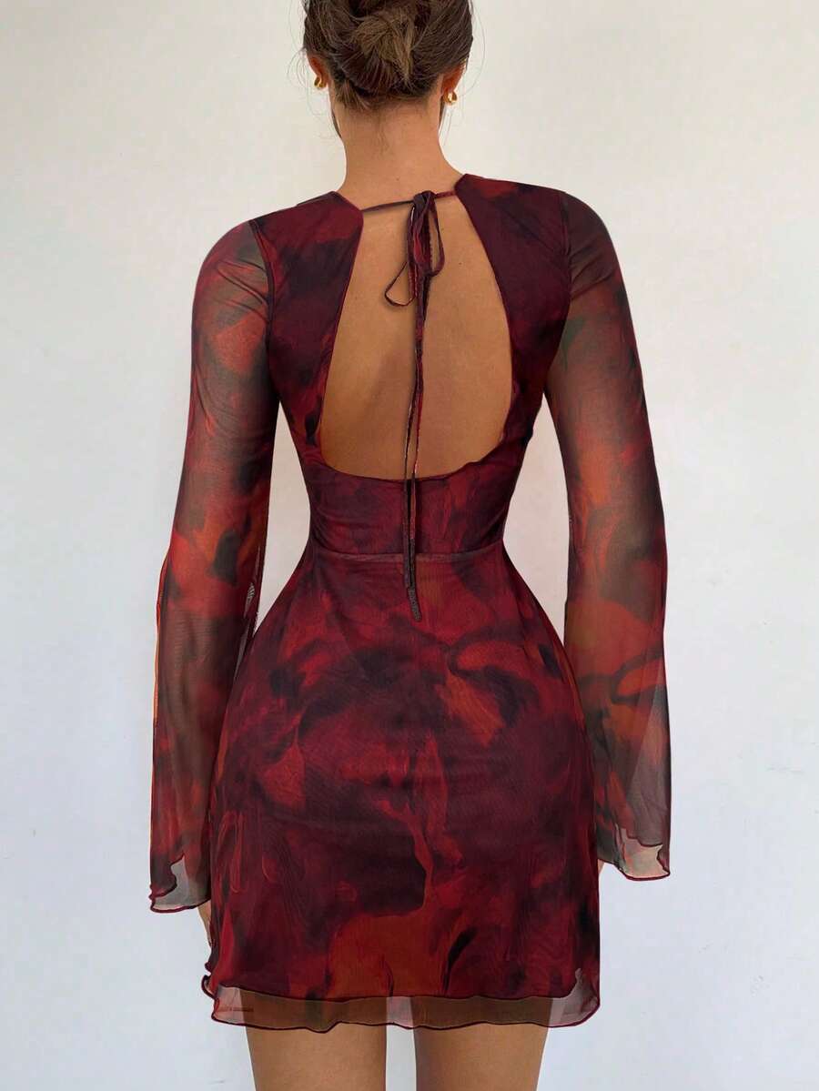 Siren Gaze Women's Sexy Mesh Patchwork Flare Sleeve Backless Mini Dress, Autumn,Dresses For Women Party Brown Summer