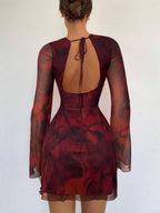Siren Gaze Women's Sexy Mesh Patchwork Flare Sleeve Backless Mini Dress, Autumn,Dresses For Women Party Brown Summer