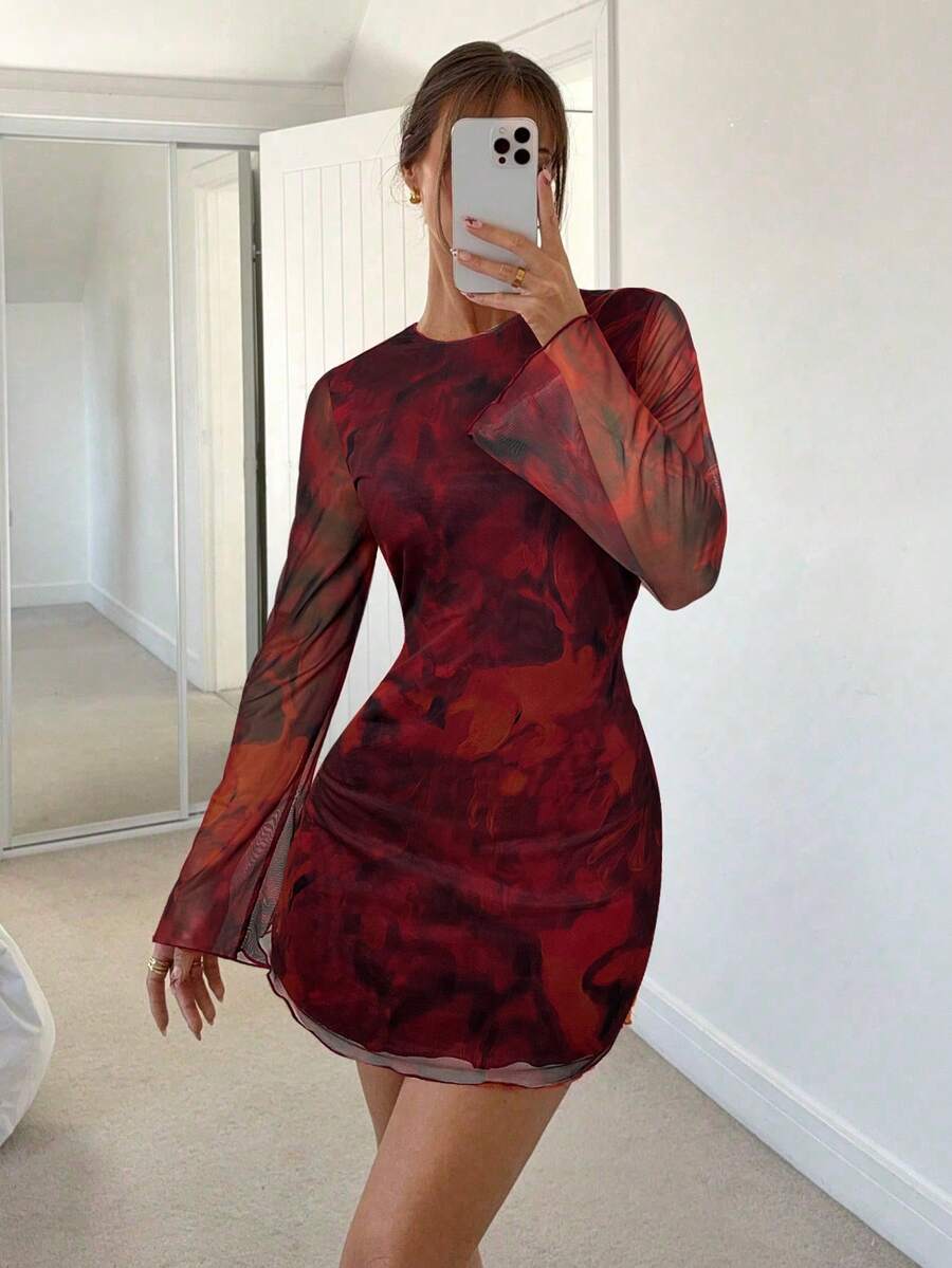 Siren Gaze Women's Sexy Mesh Patchwork Flare Sleeve Backless Mini Dress, Autumn,Dresses For Women Party Brown Summer