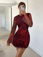Siren Gaze Women's Sexy Mesh Patchwork Flare Sleeve Backless Mini Dress, Autumn,Dresses For Women Party Brown Summer