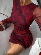 Siren Gaze Women's Sexy Mesh Patchwork Flare Sleeve Backless Mini Dress, Autumn,Dresses For Women Party Brown Summer