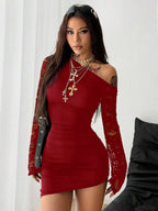 Coolane Women's Spring New Year Eve Date Night Coquette Rib Knit Ruched Asymmetrical Neck Slim Fit Skirts Mini Ruched Dresses For Elegant,Valentine's Day, Nye Outfit,Summer Dresses For Women