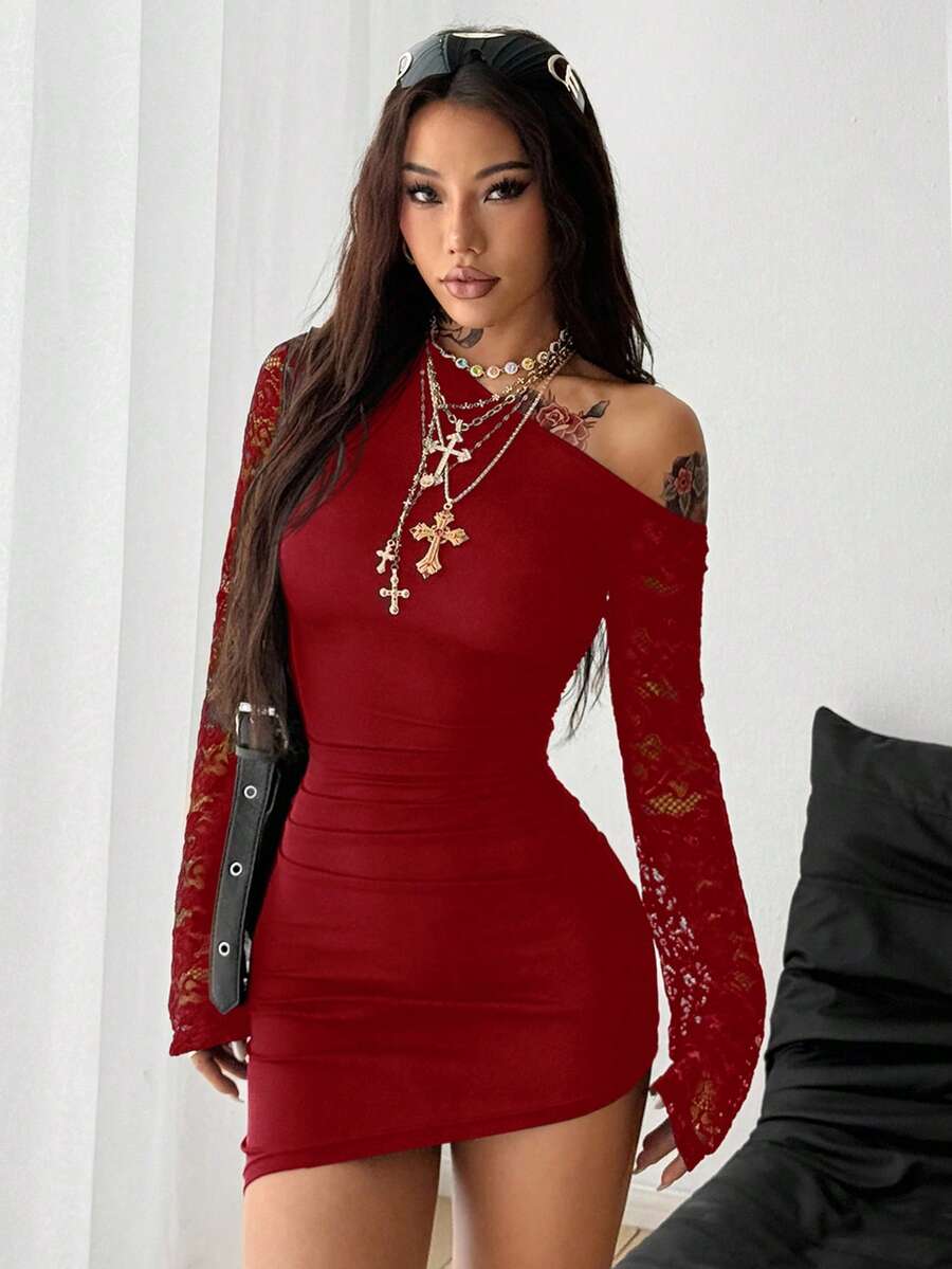 Coolane Women's Spring New Year Eve Date Night Coquette Rib Knit Ruched Asymmetrical Neck Slim Fit Skirts Mini Ruched Dresses For Elegant,Valentine's Day, Nye Outfit,Summer Dresses For Women