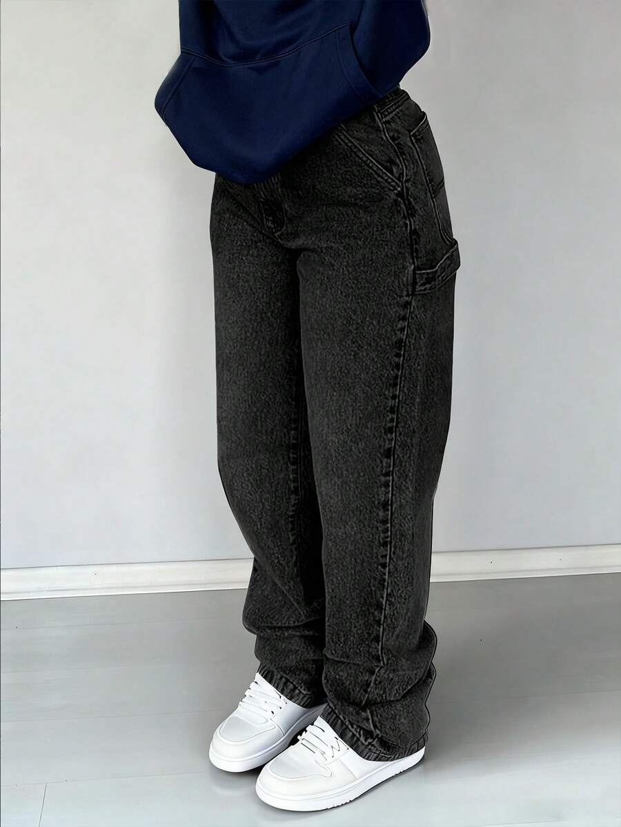 NVFelix Women's Loose Straight Leg Jeans, Distressed Wash, Elegant & Fashionable, Y2K Outdoor Style, Blue, Suitable For Winter, Thanksgiving And New Year Wear