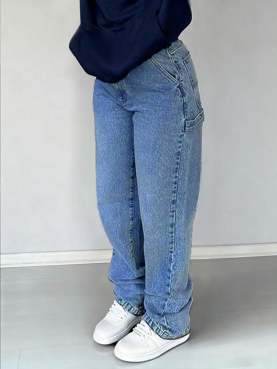 NVFelix Women's Loose Straight Leg Jeans, Distressed Wash, Elegant & Fashionable, Y2K Outdoor Style, Blue, Suitable For Winter, Thanksgiving And New Year Wear