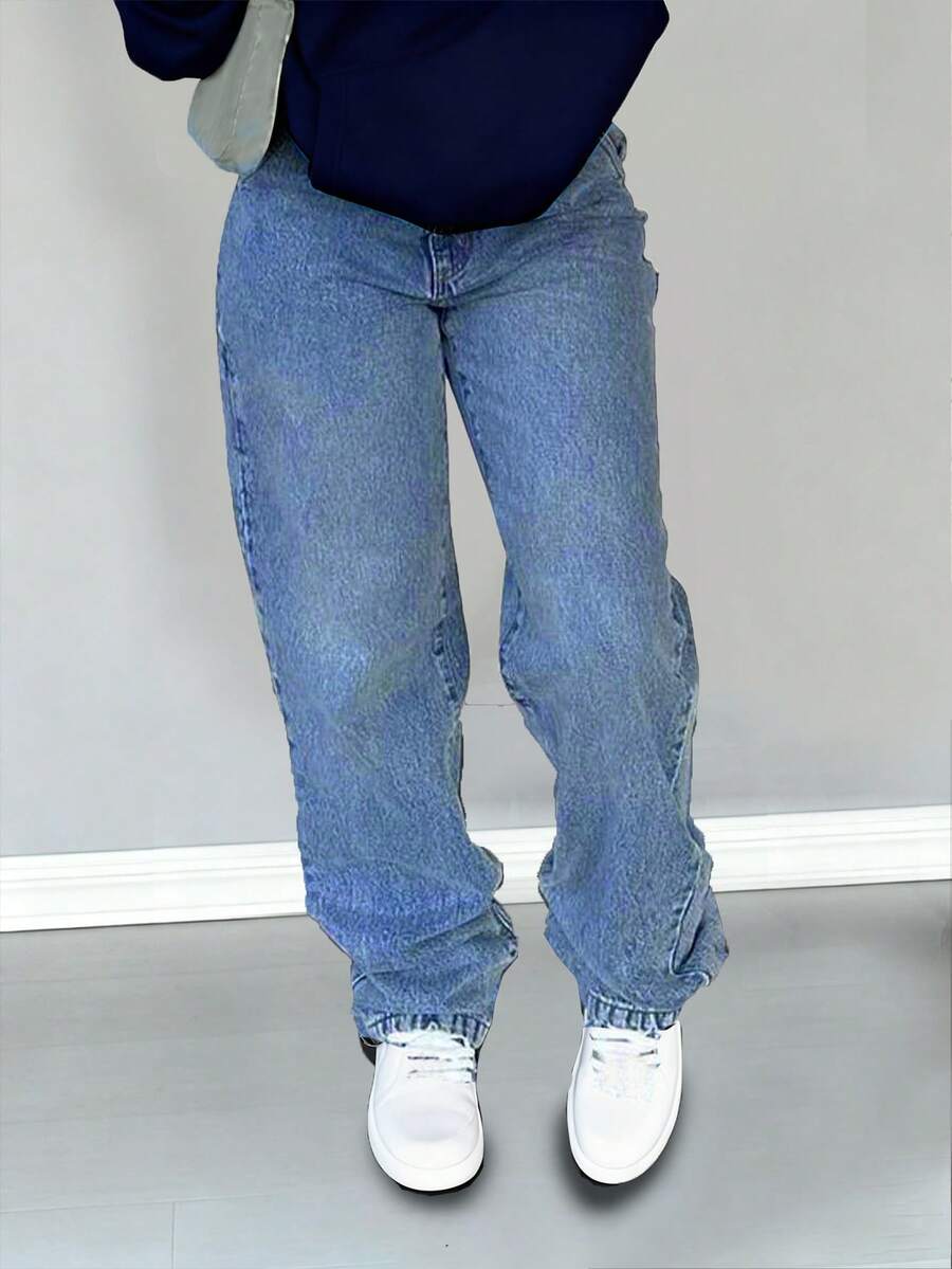 NVFelix Women's Loose Straight Leg Jeans, Distressed Wash, Elegant & Fashionable, Y2K Outdoor Style, Blue, Suitable For Winter, Thanksgiving And New Year Wear