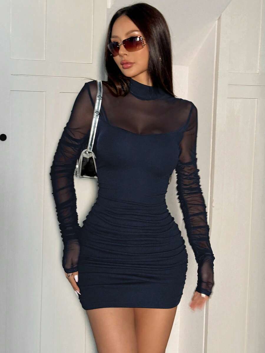 SHEIN EZwear Black Mesh Knit Camisole 2 In 1 Dress