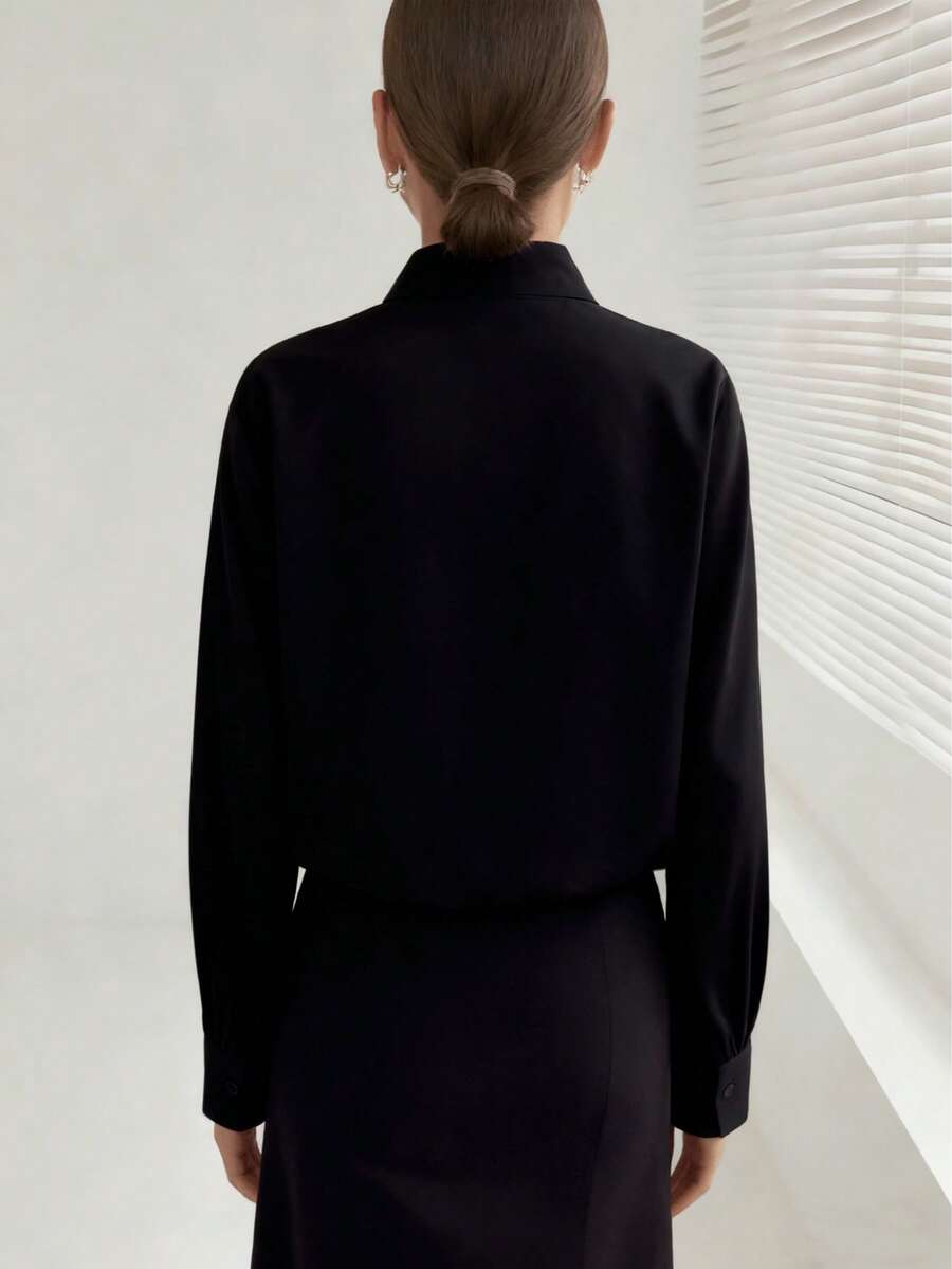 Classic Women's Black Button Detail Long Sleeve Regular Collar Shirt