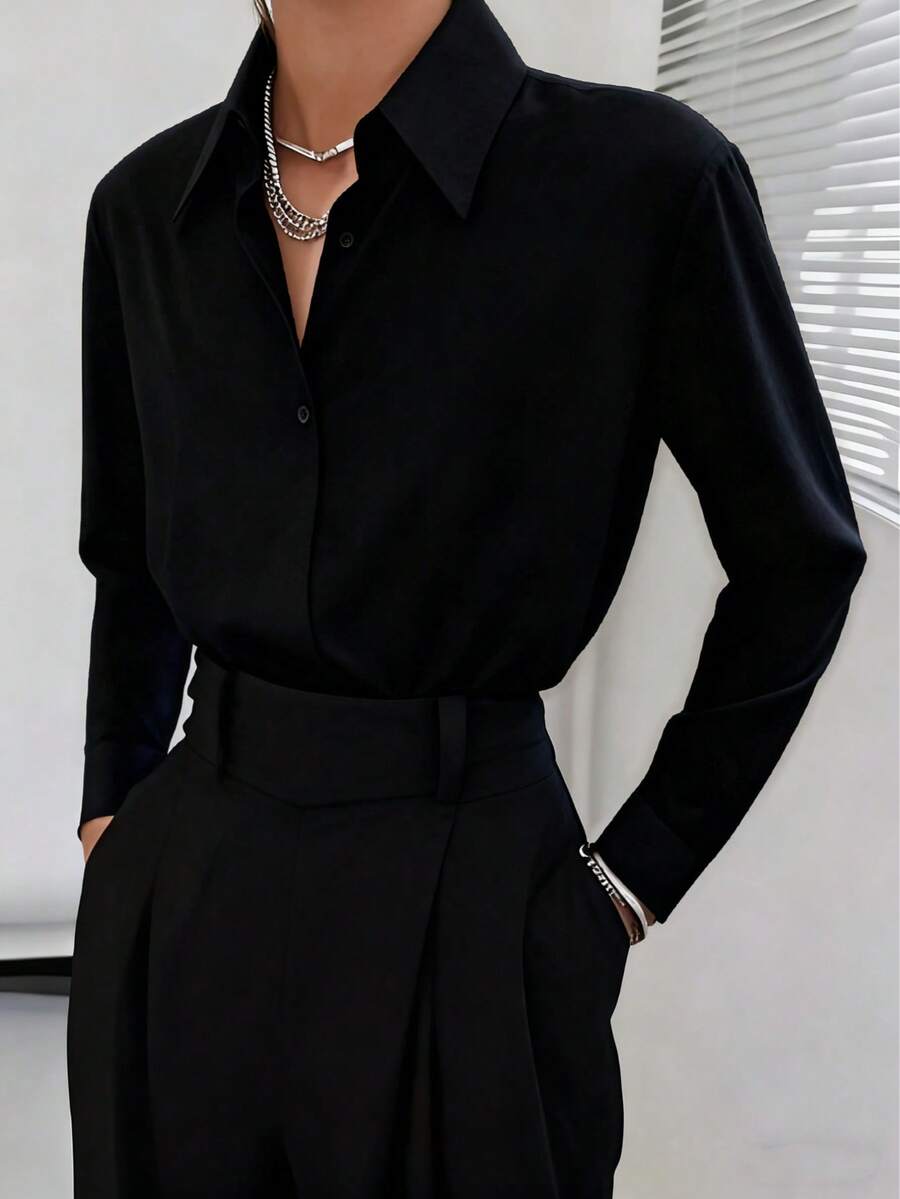 Classic Women's Black Button Detail Long Sleeve Regular Collar Shirt