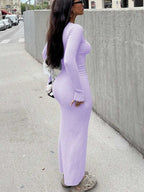 Elegant Long Sleeve Fitted Dress - Ribbed Knit Fabric, Round Neck Design, Slim Fit, Easy To Create Fashionable Look. Tip: For A More Fitted Effect, It Is Recommended To Choose One Size Smaller.