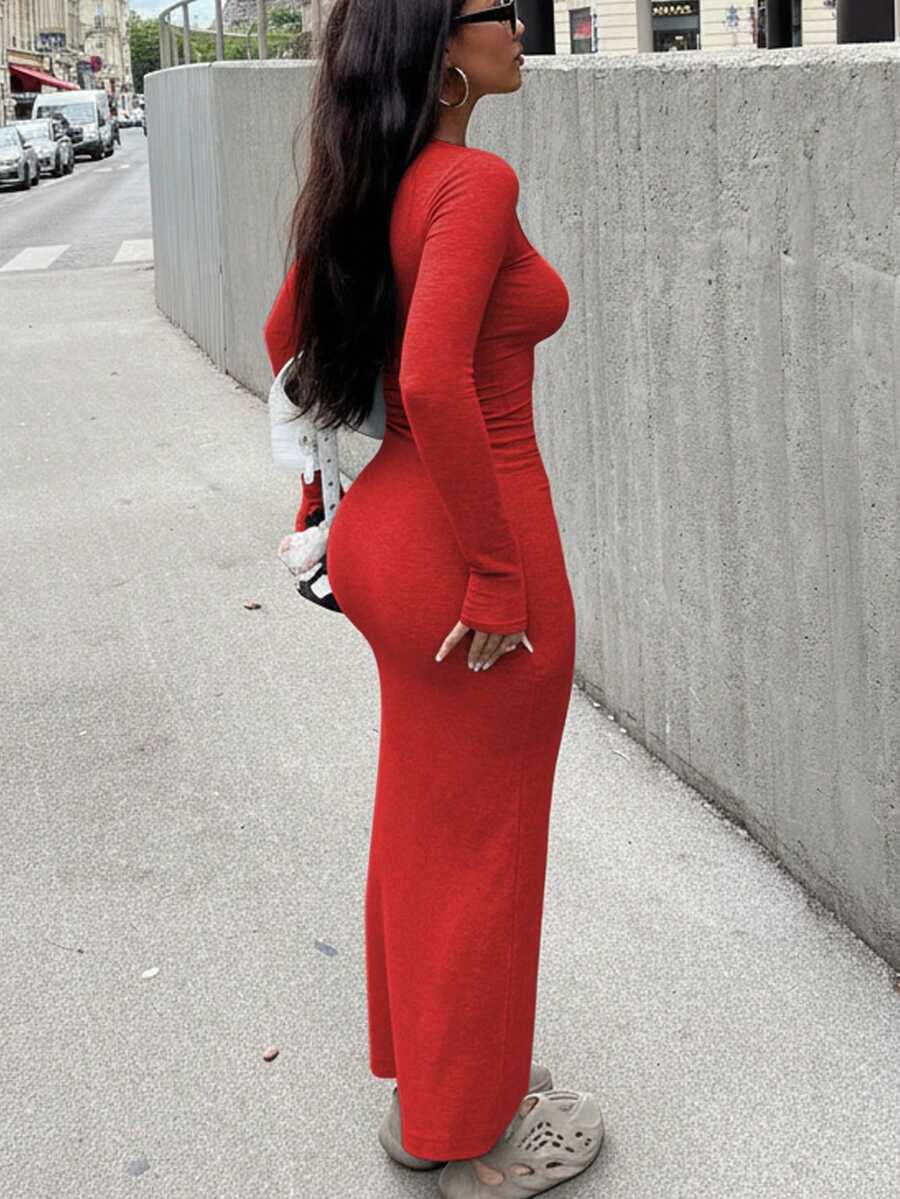 Elegant Long Sleeve Fitted Dress - Ribbed Knit Fabric, Round Neck Design, Slim Fit, Easy To Create Fashionable Look. Tip: For A More Fitted Effect, It Is Recommended To Choose One Size Smaller.