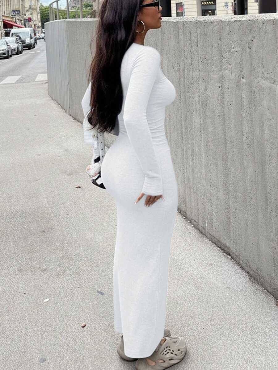 Elegant Long Sleeve Fitted Dress - Ribbed Knit Fabric, Round Neck Design, Slim Fit, Easy To Create Fashionable Look. Tip: For A More Fitted Effect, It Is Recommended To Choose One Size Smaller.